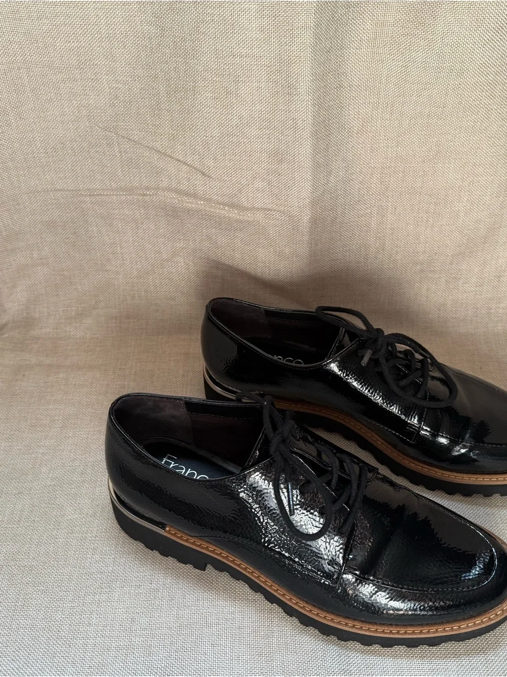 Franco Sarto Black Patent Leather Derby with Tan Welt